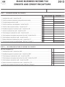 Form 44 - Idaho Business Income Tax Credits And Credit Recapture - 2012