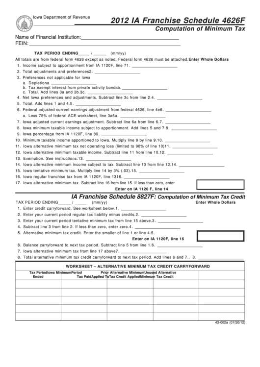 Form 43-002 - Ia Franchise Schedule 4626f - Computation Of Minimum Tax - 2012 Printable pdf