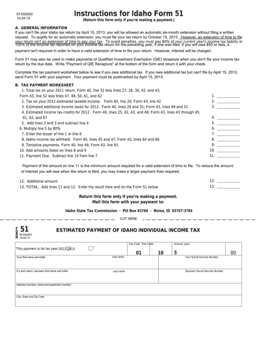 Fillable Form 51 - Estimated Payment Of Idaho Individual Income Tax Printable pdf