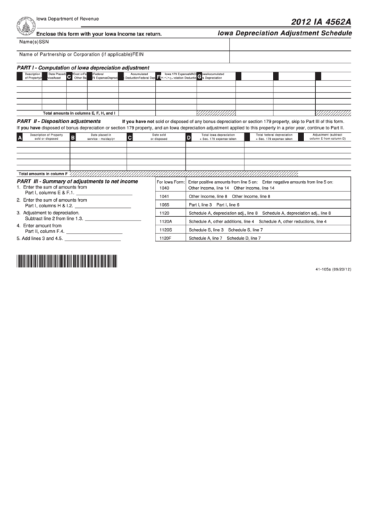 Fillable Form Ia 4562a - Iowa Depreciation Adjustment Schedule - 2012 Printable pdf