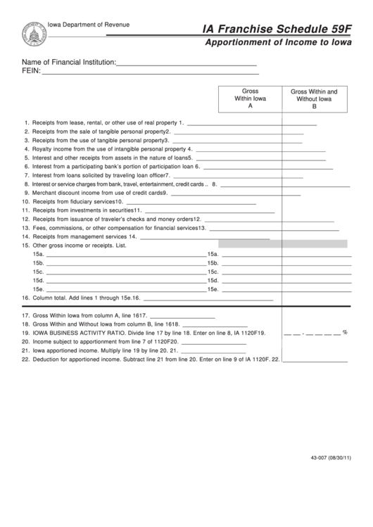 Form 43-007 - Ia Franchise Schedule 59f - Apportionment Of Income To Iowa Printable pdf
