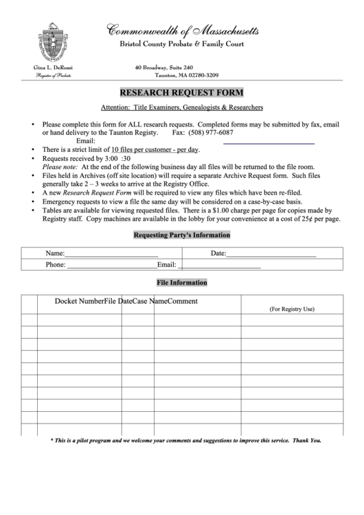 Research Request Form - Commonwealth Of Massachusetts Printable pdf