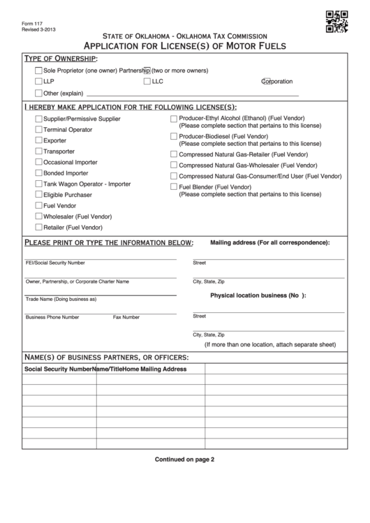 Fillable Form 117 - Application For License(S) Of Motor Fuels Printable pdf