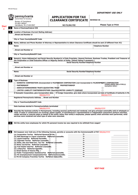 Fillable Form Rev-181 Cm - Application For Tax Clearance Certificate Printable pdf