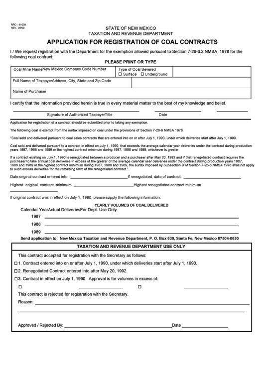 Fillable Form Rpd-41038 - Application For Registration Of Coal Contracts Printable pdf
