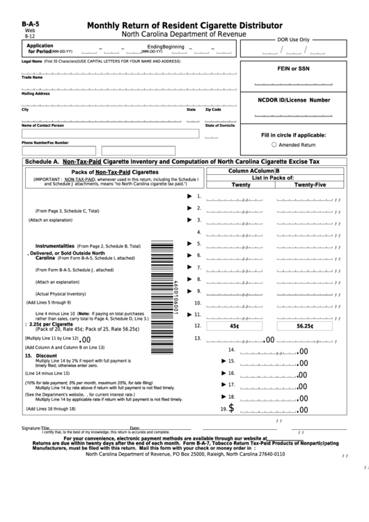 Fillable Form B-A-5 - Monthly Return Of Resident Cigarette Distributor Printable pdf