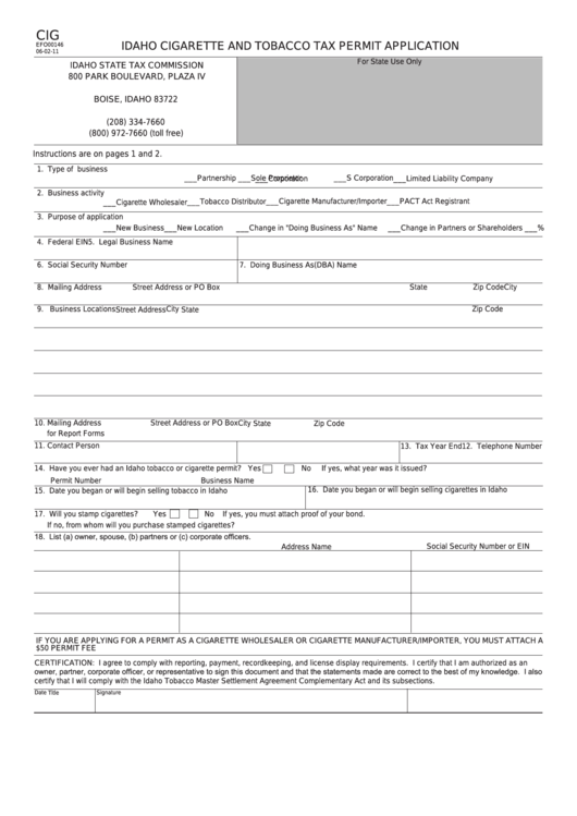 Form Cig Efo00146 - Idaho Cigarette And Tobacco Tax Permit Application Printable pdf