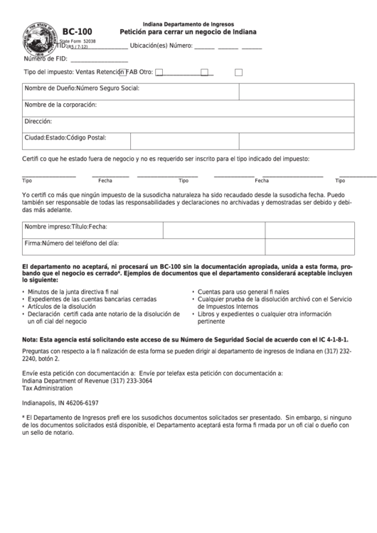 Fillable Form Bc-100 - Peticion Para Cerrar Un Negocio De Indiana Printable pdf