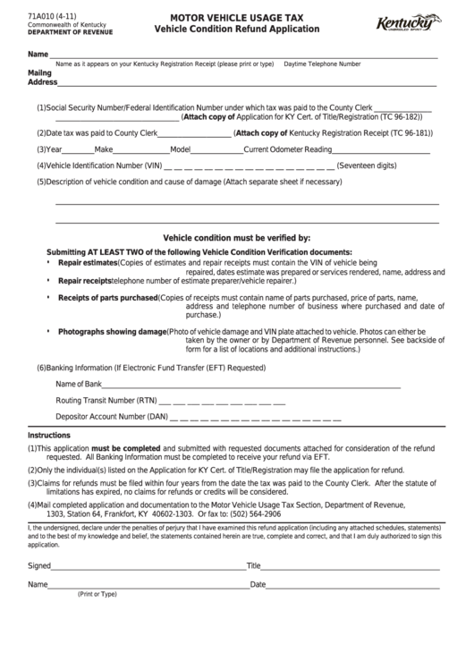 Form 71a010 - Vehicle Condition Refund Application Printable pdf
