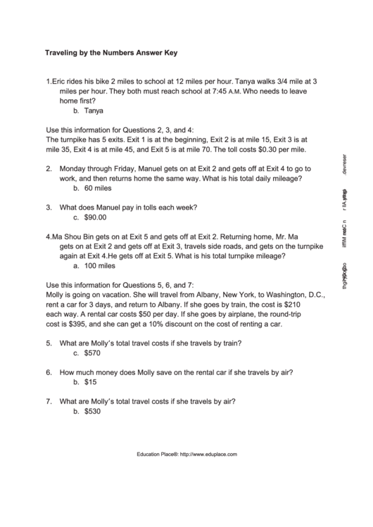 Travelling By The Numbers Math Worksheet With Answer Key Printable pdf