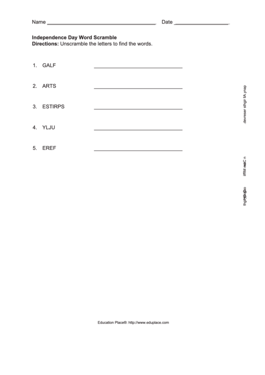 Independence Day Word Scramble Printable pdf