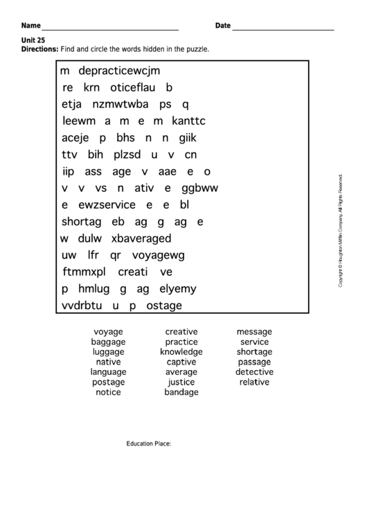 The Words Hidden In The Puzzle Printable pdf