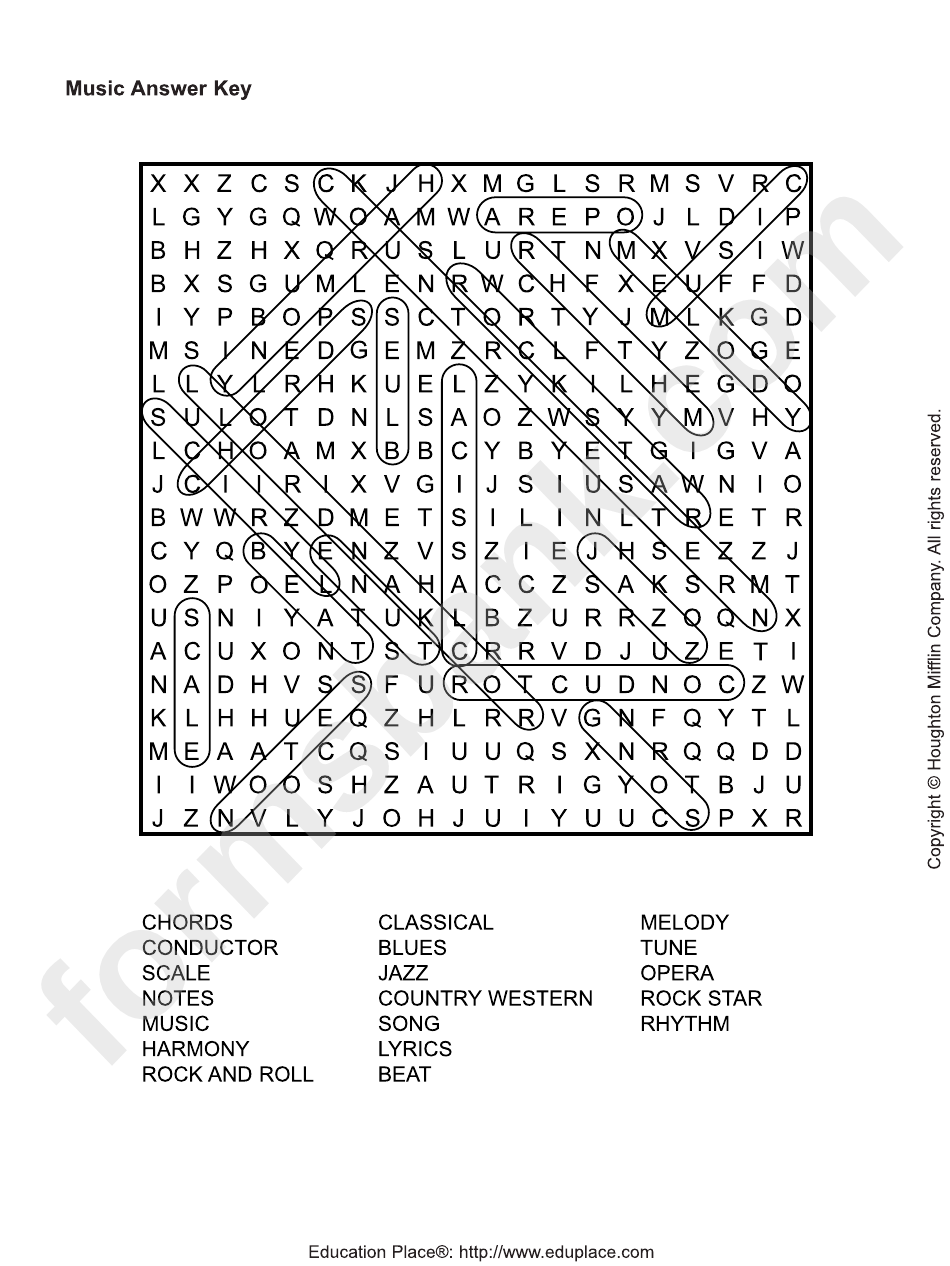 Music Answer Key - Word Search Puzzle Template
