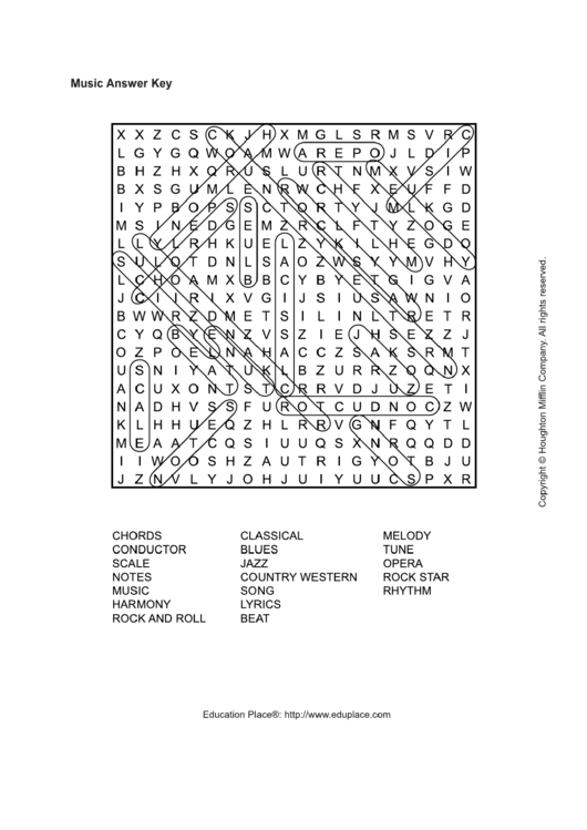 Music Answer Key - Word Search Puzzle Template Printable pdf
