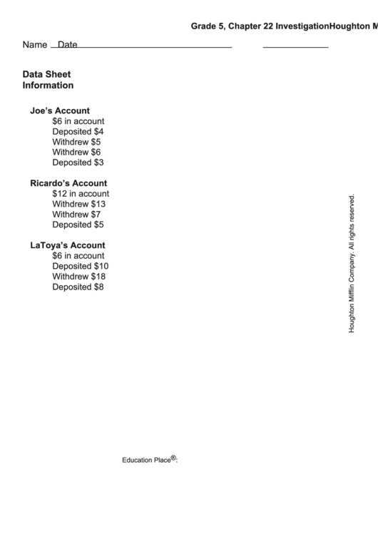 Houghton Mifflin Math Worksheet - Grade 5, Chapter 22 Investigation Printable pdf