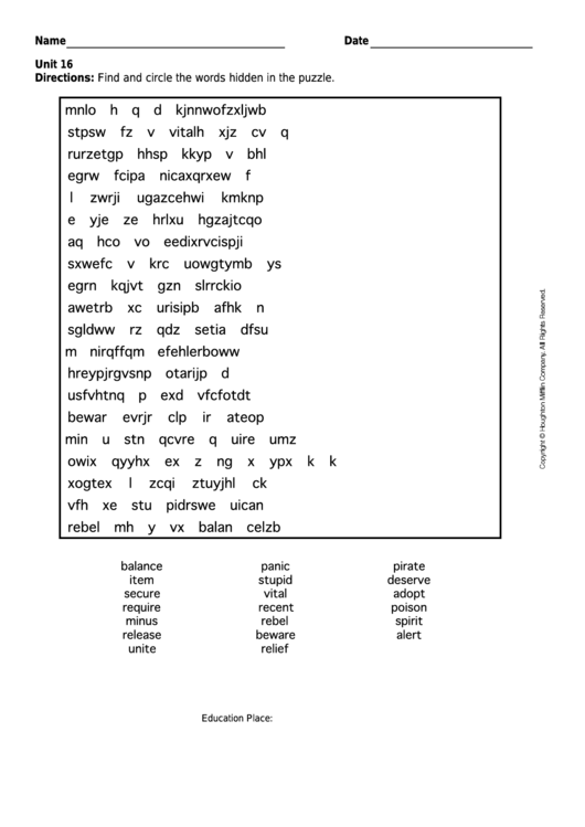 The Words Hidden In The Puzzle Template Printable pdf