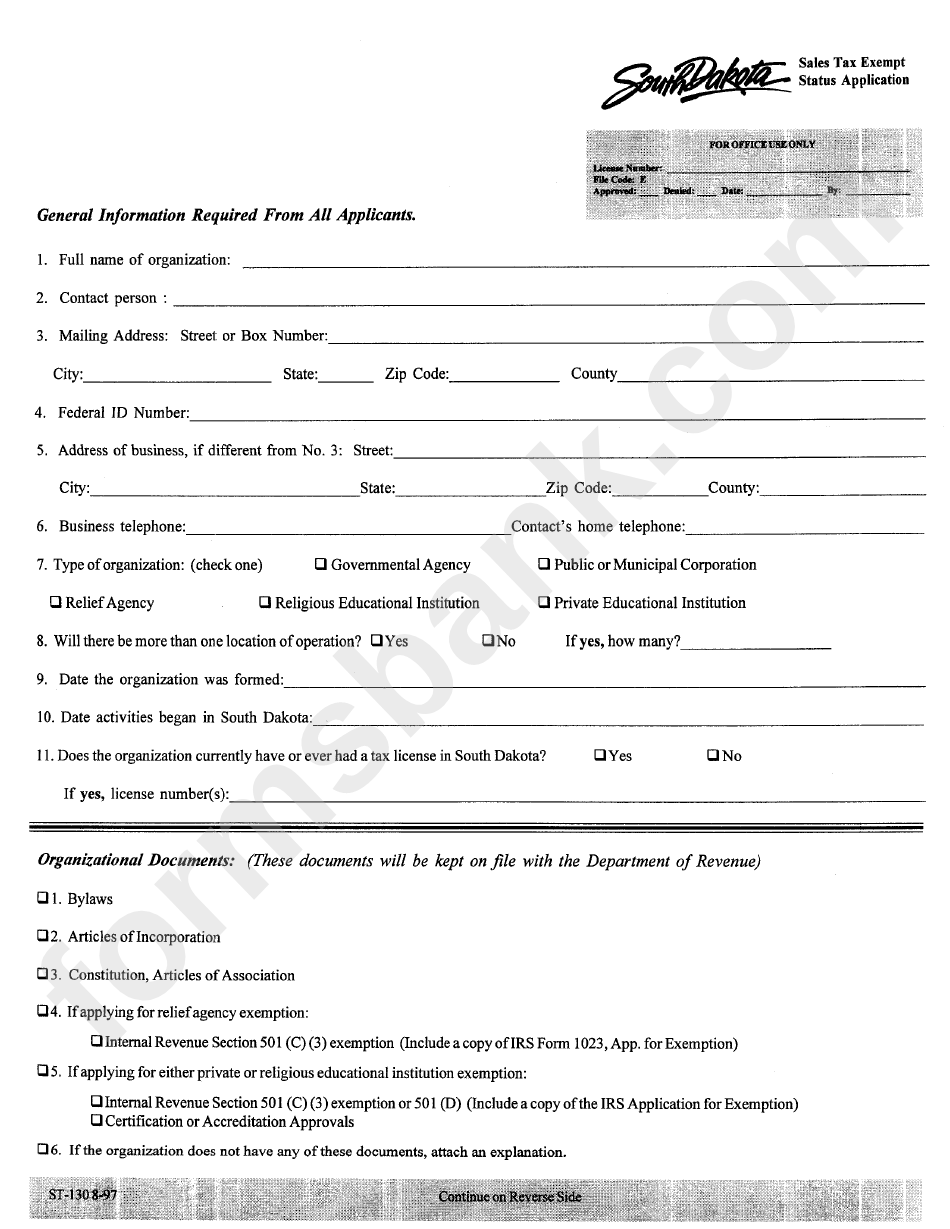 Form St-1308-97 - Sales Tax Exempt Status Application