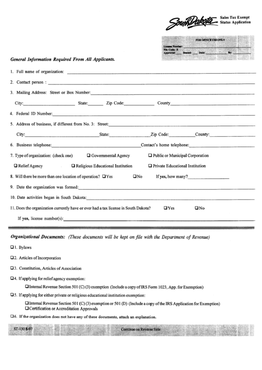 Form St-1308-97 - Sales Tax Exempt Status Application Printable pdf