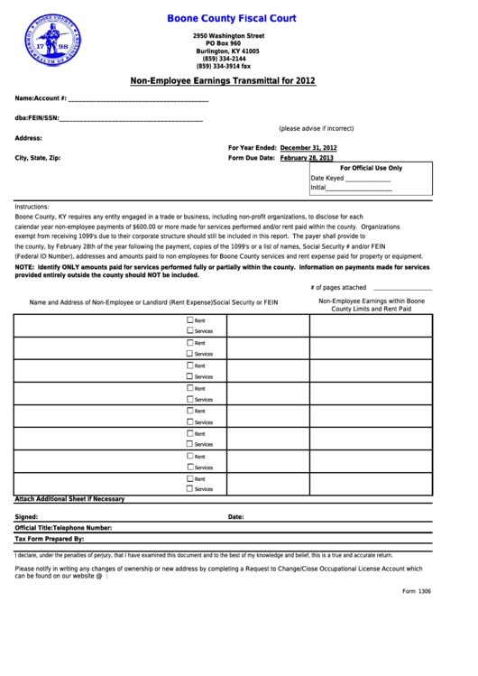 Form 1306 - Non-employee Earnings Transmittal - Boone County Fiscal Court - 2012