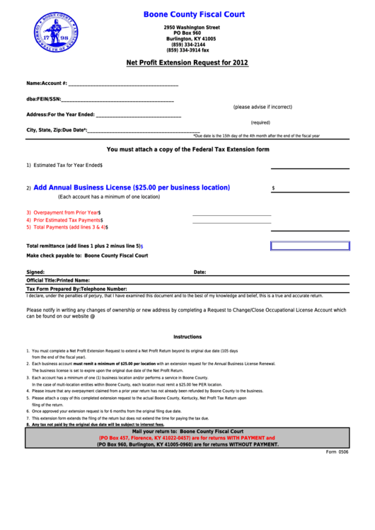 Form 0506 - Net Profit Extension Request - Boone County Fiscal Court - 2012 Printable pdf