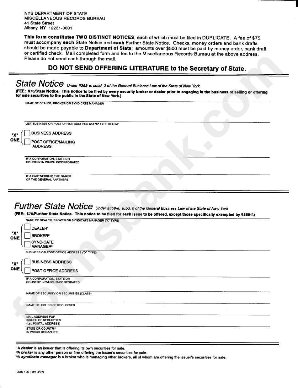 Form Dos-125 - State & Further State District Notice - New York Secretary Of State