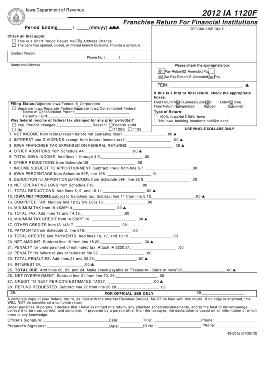 Form Ia 1120f - Franchise Return For Financial Institutions - 2012 Printable pdf