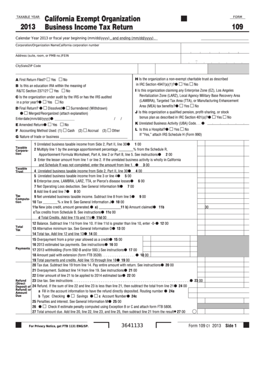 Fillable Form 109 - California Exempt Organization Business Income Tax Return - 2013 Printable pdf