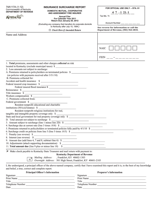 Form 74a117a - Insurance Surcharge Report - 2011 Printable pdf