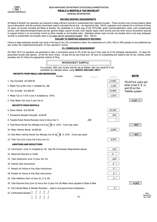 Form M&r - Meals & Rentals Tax Worksheet - 2001 Printable pdf