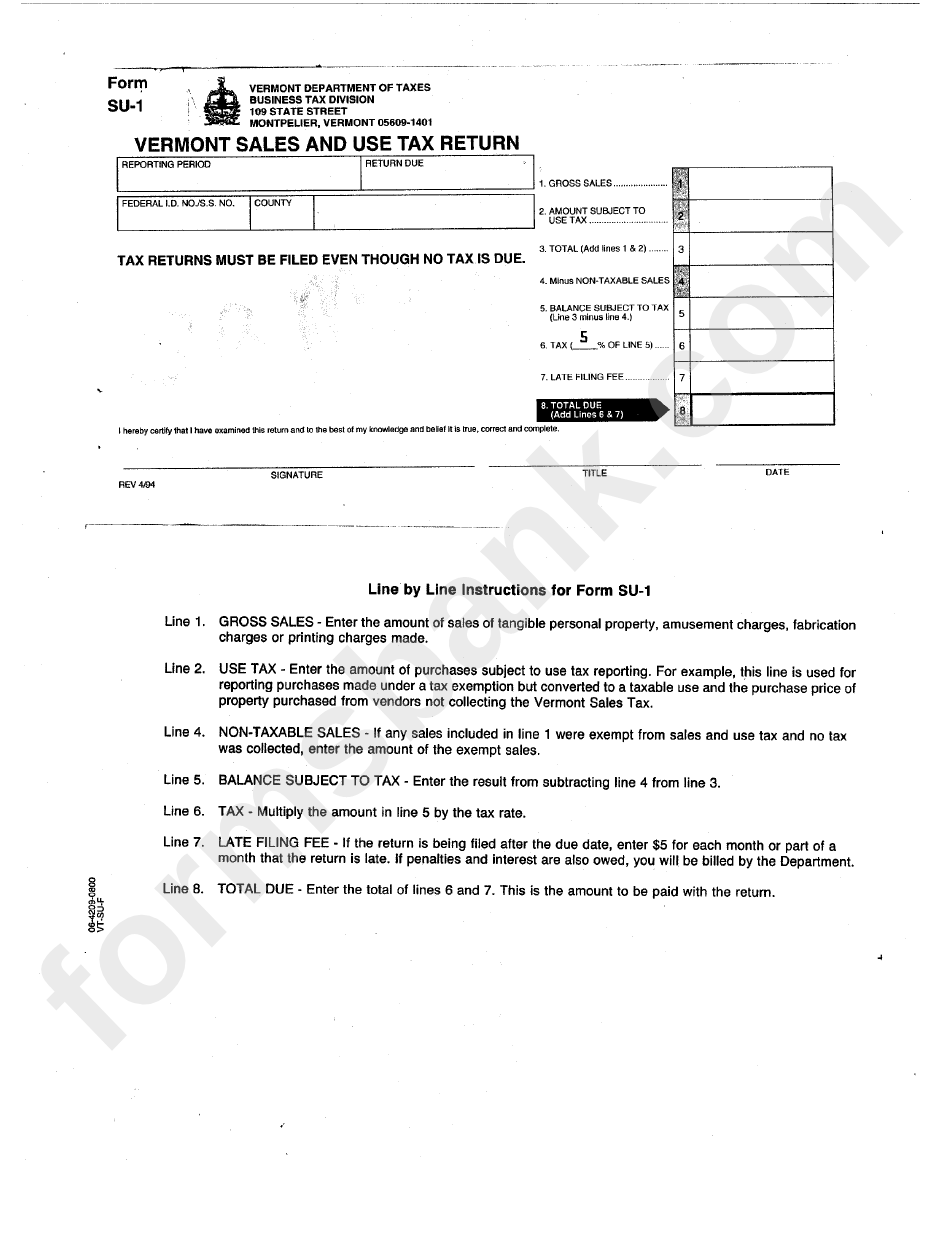 Form Su-1 - Vermont Sales And Use Tax Return
