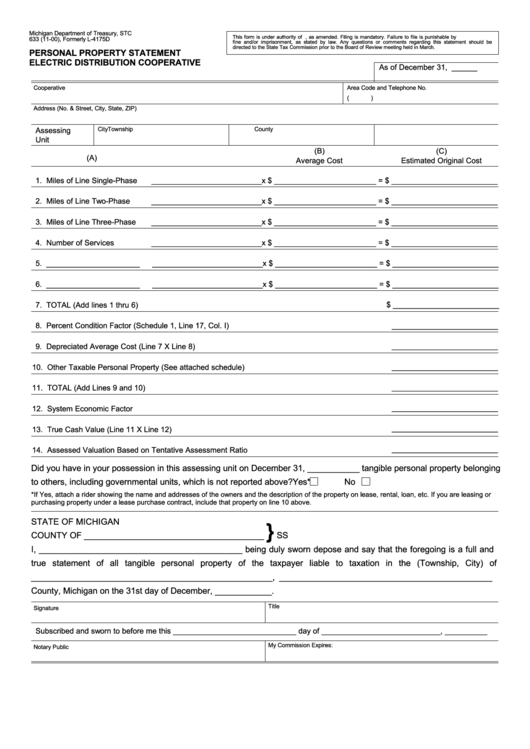 Form 633 - Personal Property Statement Electric Distribution Cooperative Printable pdf