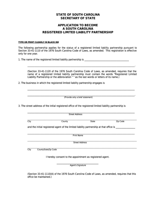 Fillable Form Application To Become A South Carolina Registered Limited Liability Partnership - South Carolina Secretary Of State Printable pdf