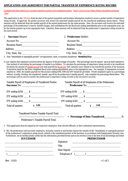 Fillable Form Application And Agreement For Partial Transfer Of Experience Rating Record - Louisiana Department Of Labor Printable pdf