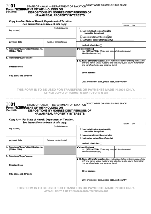 Form N-288a - Statement Of Withholding On Dispositions By Nonresident Persons Of Hawaii Real Property Interests - 2001 Printable pdf