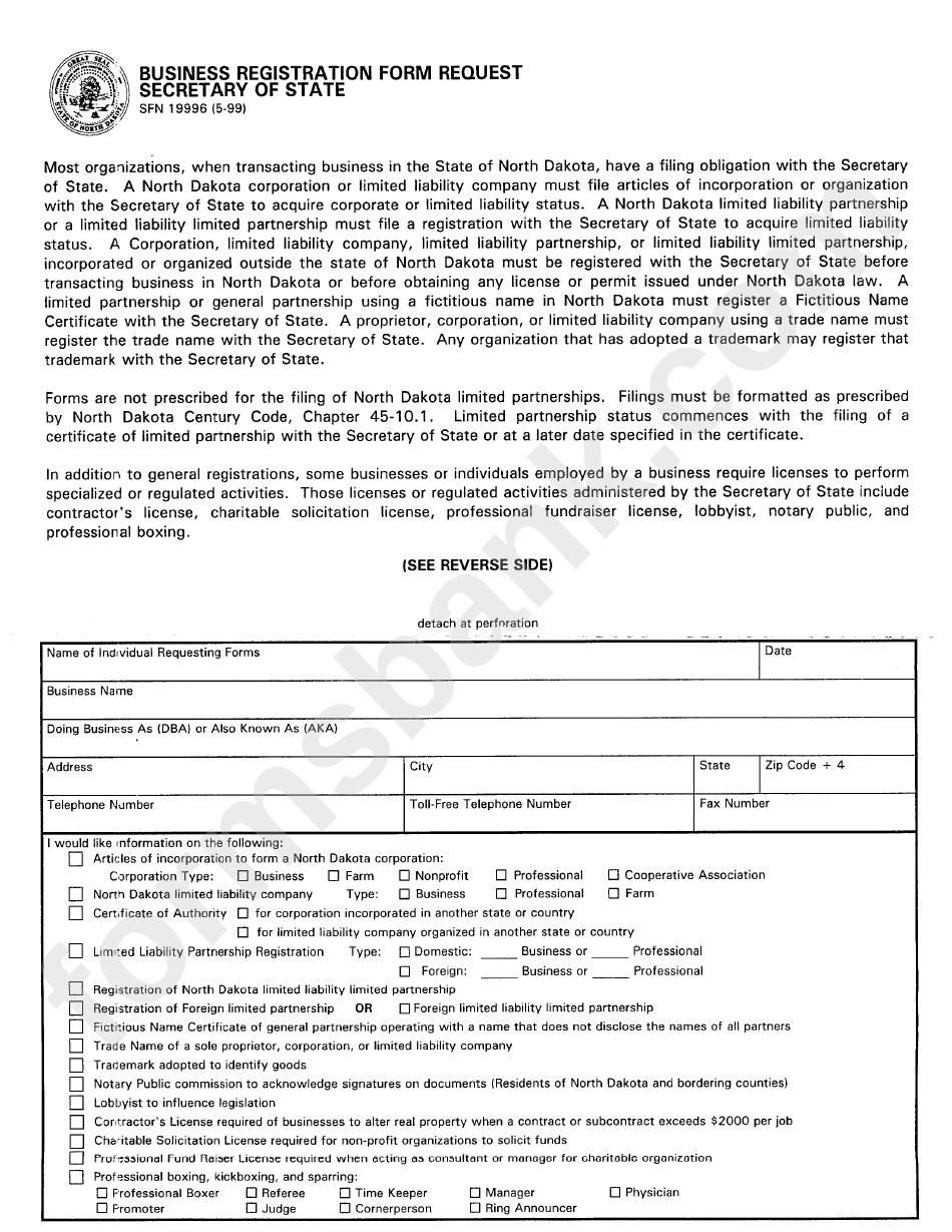 Form Sfn 19996 - Business Registration Form Request - North Dakota Secretary Of State