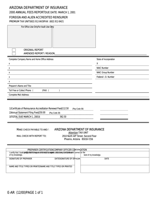 Form E-Ar - Annual Fees Report - Arizona Department Of Insurance - 2000 Printable pdf