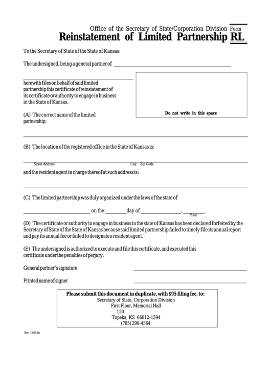 Form Rl - Reinstatement Of Limited Partnership - Kansas Secretary Of State Printable pdf