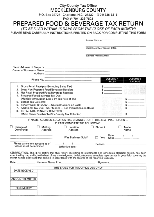 Prepared Food & Beverage Tax Return - Mecklenburg Country Printable pdf