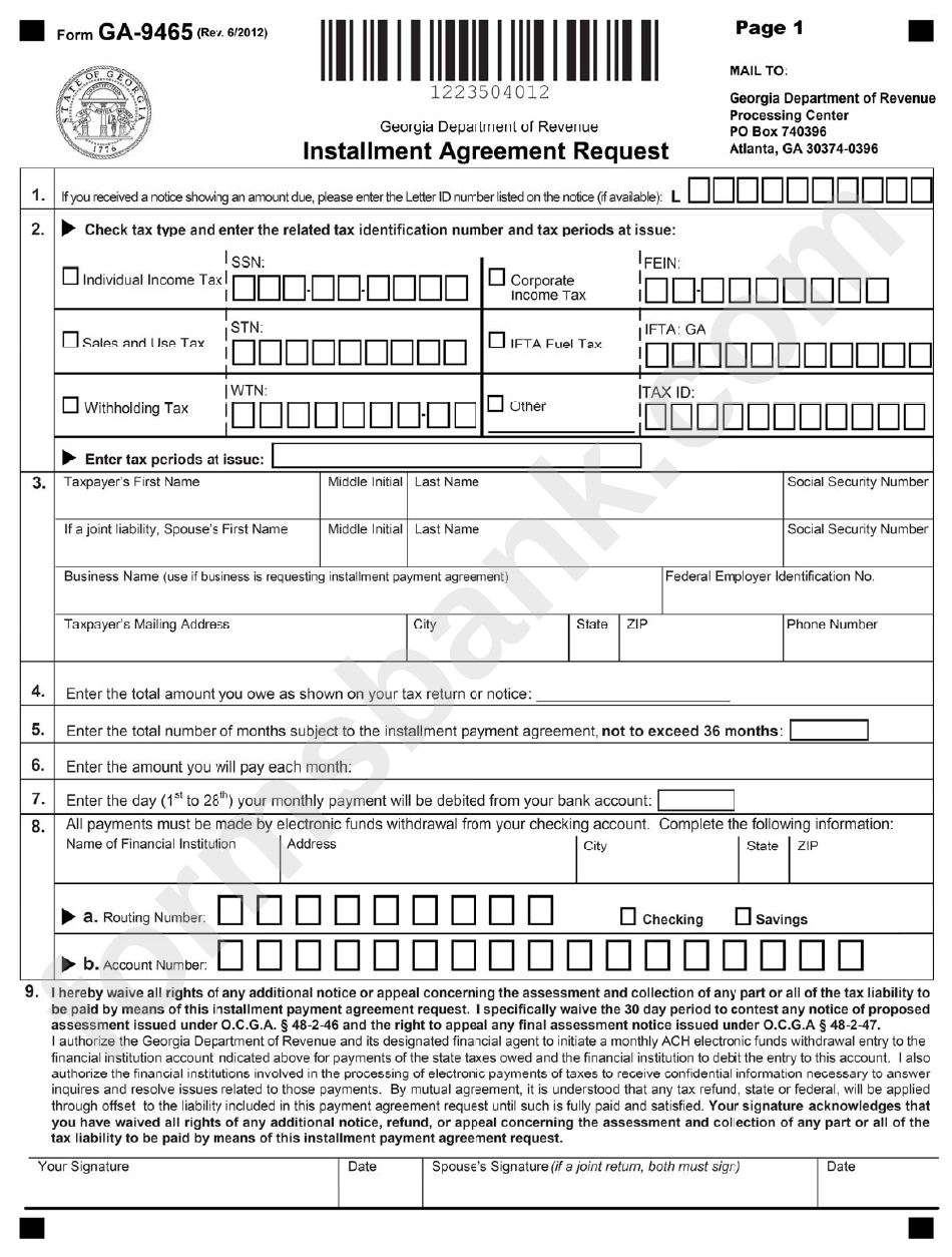 Form Ga 9465 Installment Agreement Request Printable Pdf Download