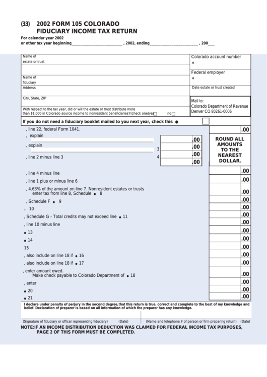 Form 105 - Colorado Fiduciary Income Tax Return - 2002 Printable pdf