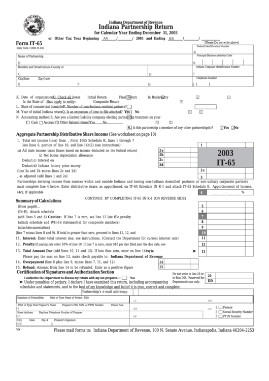 Form It-65 - Indiana Partnership Return - 2003 Printable pdf