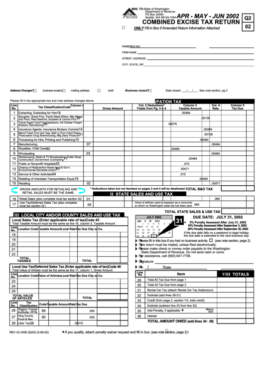 Form Q2/02 - Combined Excise Tax Return Form - 2002 Printable pdf