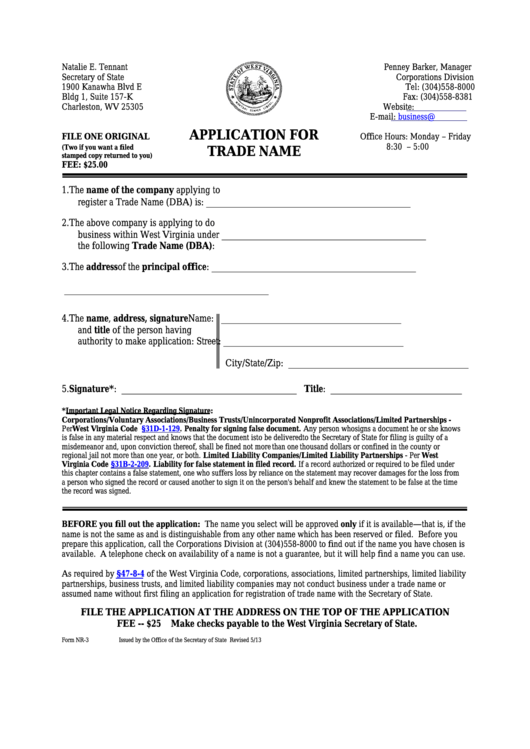 Fillable Form Nr-3 - Application For Trade Name Printable pdf