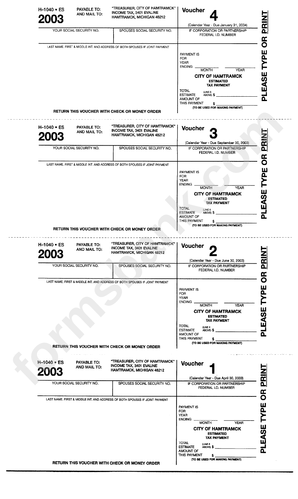 Form H1040 Es Estimated Tax Payment Voucher 2003 printable pdf