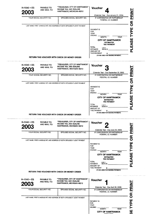 Form H-1040 Es - Estimated Tax Payment Voucher - 2003 Printable pdf