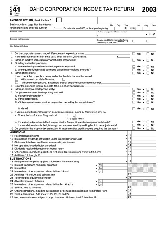 Form 41 - Idaho Corporation Income Tax Return - 2003