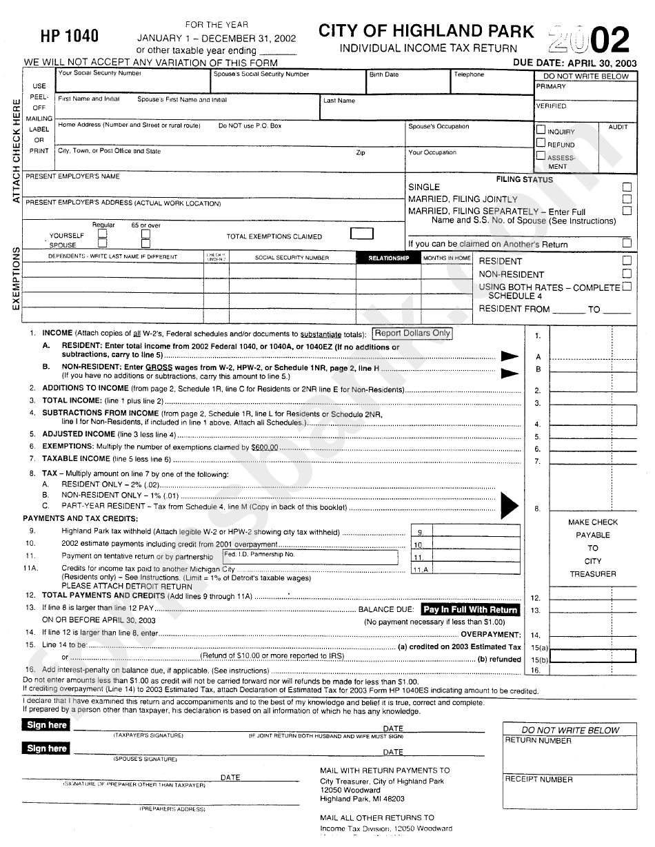 Form Hp 1040 - Individual Income Tax Return - 2002