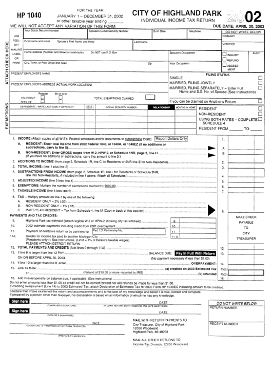 Form Hp 1040 - Individual Income Tax Return - 2002 Printable pdf