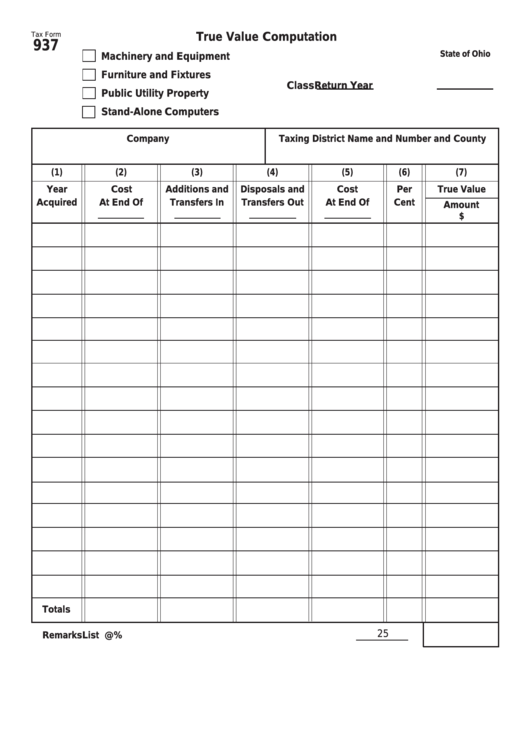 Fillable Tax Form 937 - True Value Computation Printable pdf