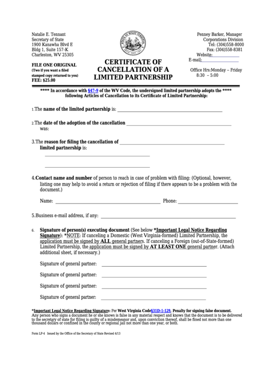 Fillable Form Lp-4 - Certificate Of Cancellation Of A Limited Partnership - West Virginia Secretary Of State Printable pdf